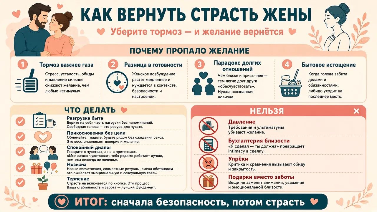 Инфографика: как вернуть страсть жены — причины и план действий