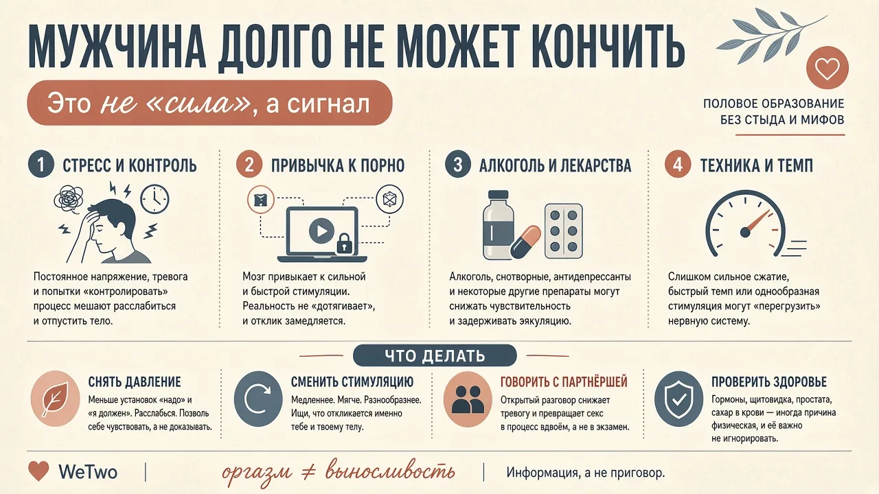 Инфографика: мужчина долго не может кончить — причины и что делать паре