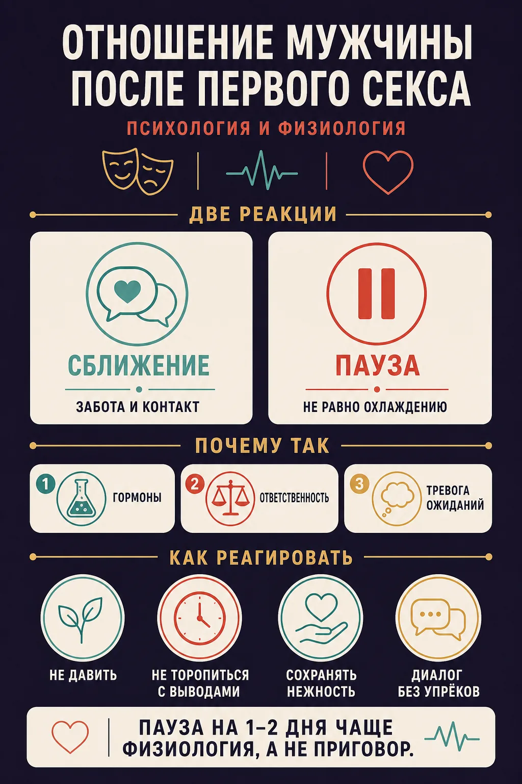 Инфографика: отношение мужчины после первого секса — две реакции, причины и как реагировать