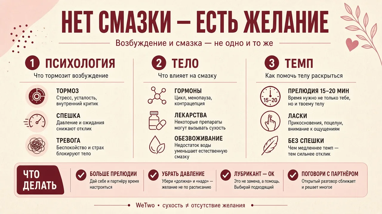 Инфографика: почему нет смазки при возбуждении — причины и что делать